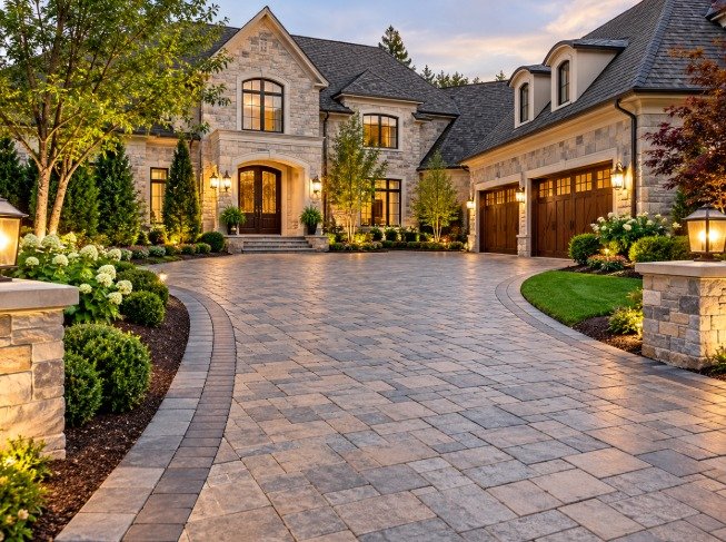 Estate home with a large paver driveway, stone pillars and lanterns at dusk