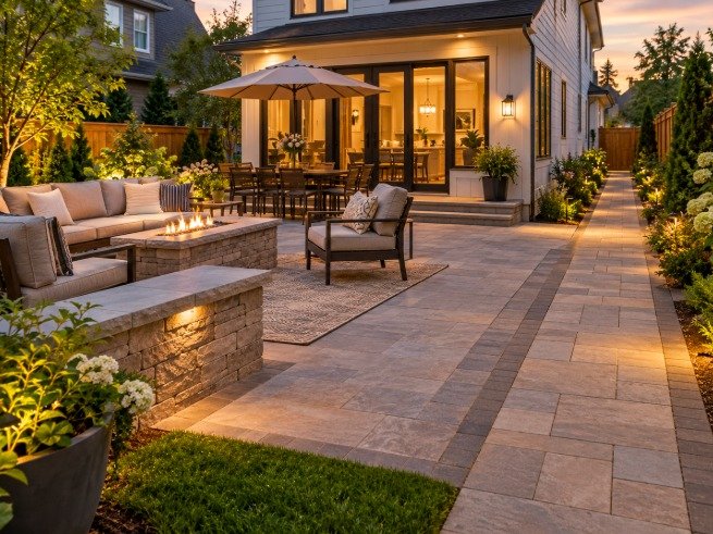 Backyard paver patio with a fire table and a lit paver side walkway