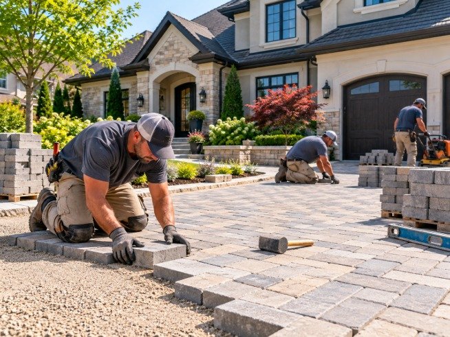 Crew installing a paver driveway in front of a home