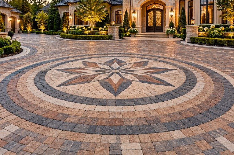 Paver driveway with a large starburst medallion inside circular charcoal and tan bands