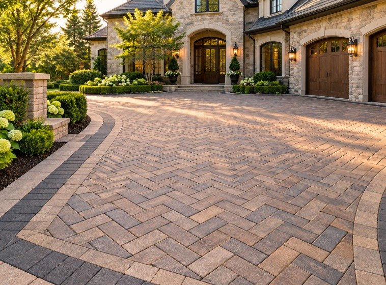 Herringbone paver driveway with a charcoal and tan double border
