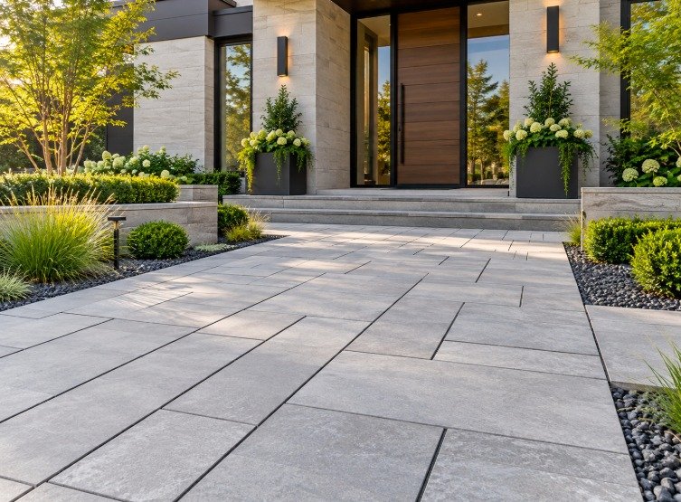 Modern front entry with large-format light gray pavers and straight joint lines