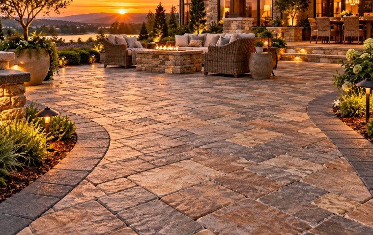 Modular paver patio in warm blended tones with a charcoal border and fire pit at sunset
