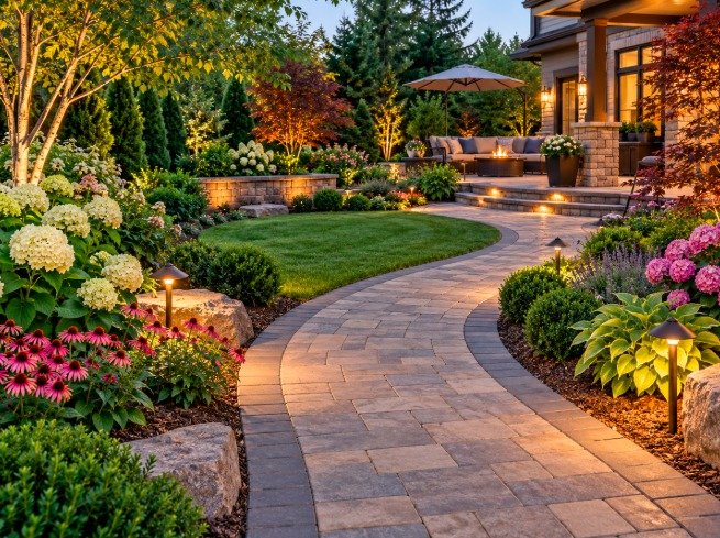 Curved backyard paver walkway with path lights leading to a lit patio