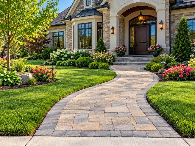 Curved front entry paver walkway through a green lawn to an arched front door