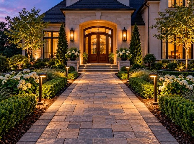 Straight paver front entry walkway with path lights leading to a lit front door at dusk