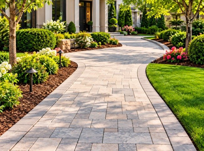 Curved paver walkway through a garden