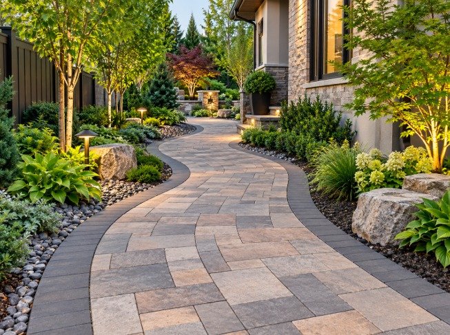 Curved side-yard paver walkway with a charcoal border, boulders and path lights