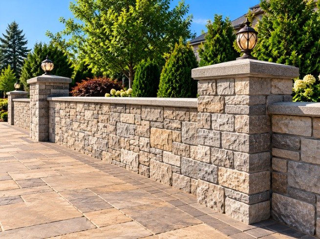 Stone retaining wall with pillars