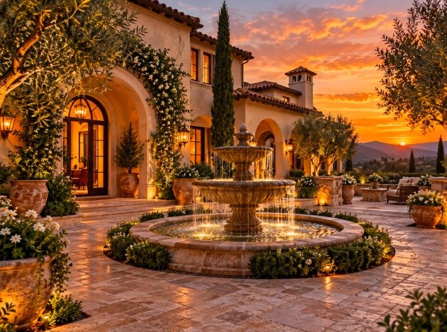 Tiered stone fountain in a Mediterranean courtyard with travertine pavers at sunset