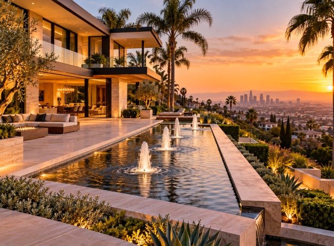 Modern reflecting pool with fountain jets on a terrace overlooking the Los Angeles skyline at sunset