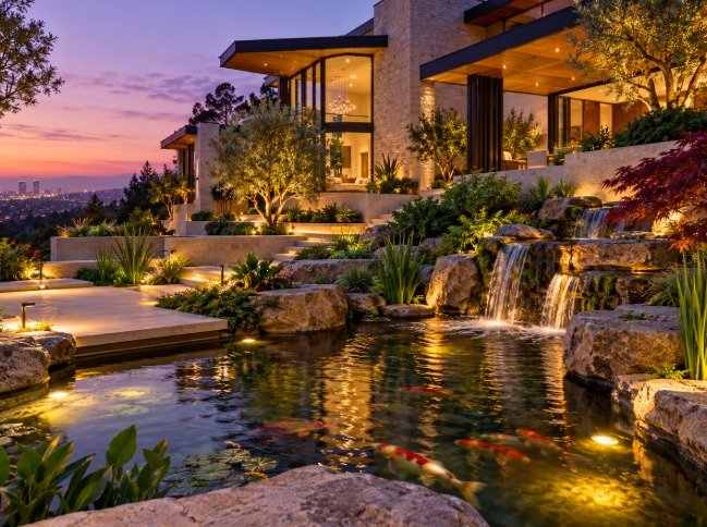 Lit koi pond with boulder waterfalls below a modern hillside home at dusk