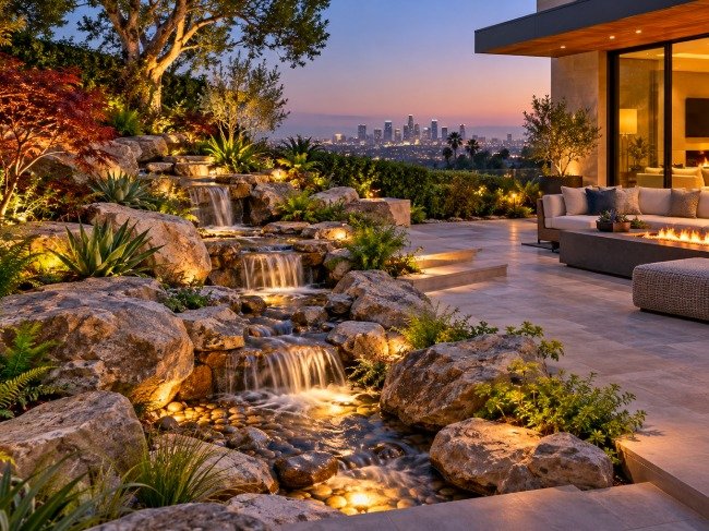 Boulder waterfall and garden stream with lighting beside a patio overlooking the Los Angeles skyline