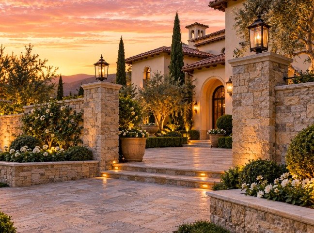 Stone entry pillars with lanterns and low stone planter walls framing a Mediterranean courtyard