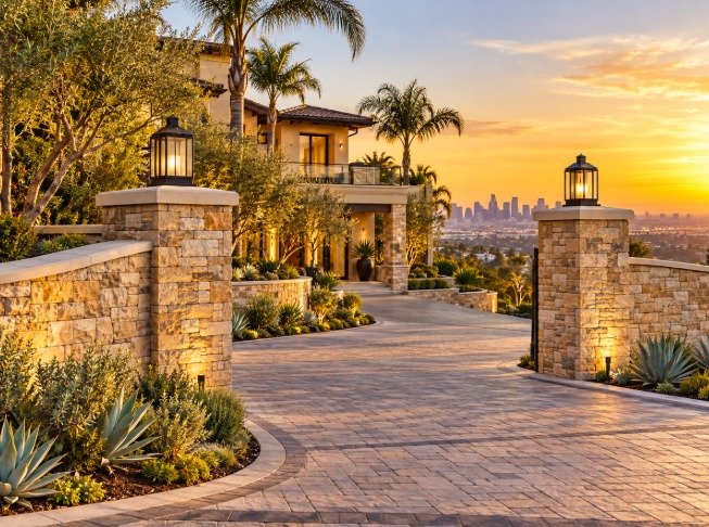 Stone driveway pillars with lanterns and curved stone walls framing a paver driveway with the Los Angeles skyline