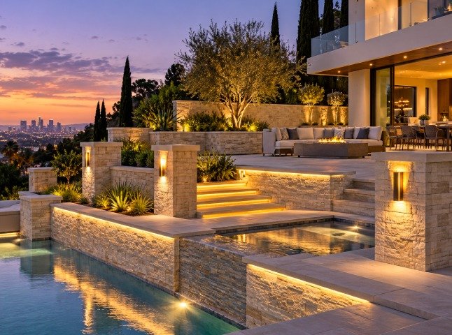 Modern terraced stone walls and pillars with integrated lighting beside a pool and lit steps