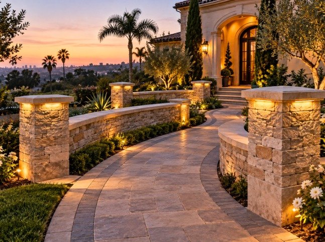 Curved stone seating walls and lit pillars lining a paver walkway to a front entry at dusk